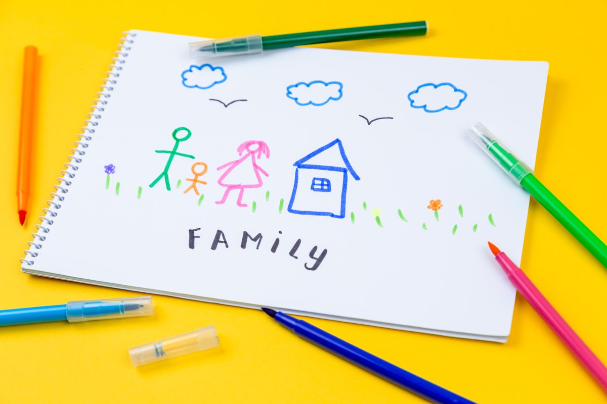 A child's bright crayon drawing of a family and a house on sunny yellow paper, surrounded by felt-tip pens